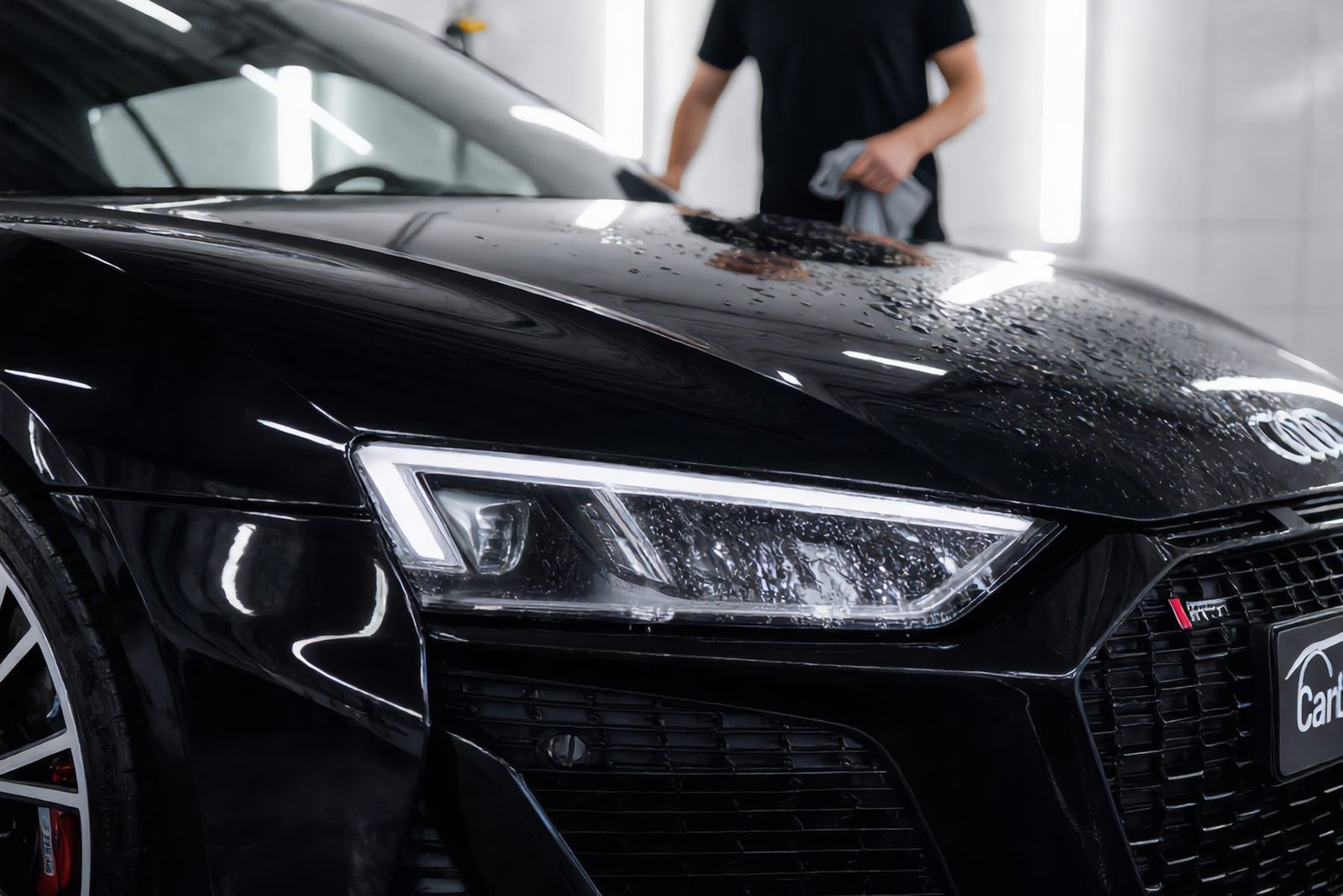Water parelt in dikke druppels op de gecoate motorkap van een zwarte Audi R8, terwijl een medewerker van Car Cleaning Centre hem nadroogt
